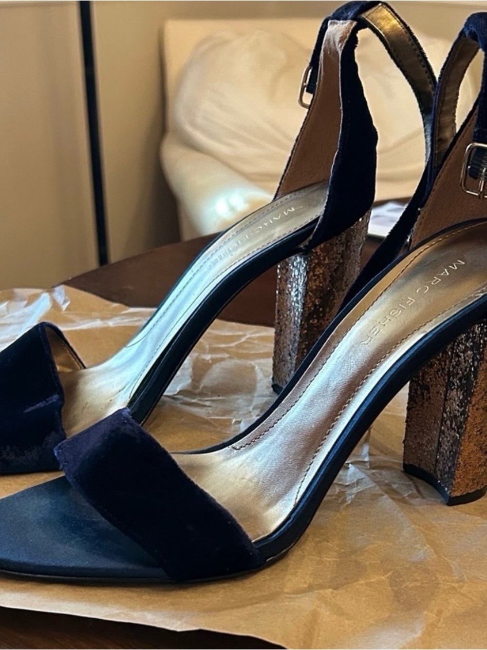 Marc Fisher Navy Velvet Slingback Sandals with Glitter Block Heel
